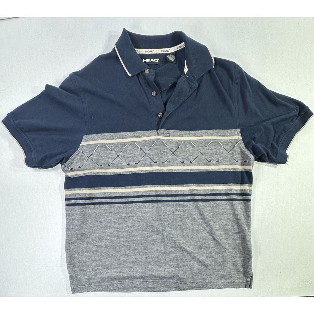 HEAD Golf Polo Shirt Men's Medium‎ Navy Blue Gray Striped Clubs Embroidered